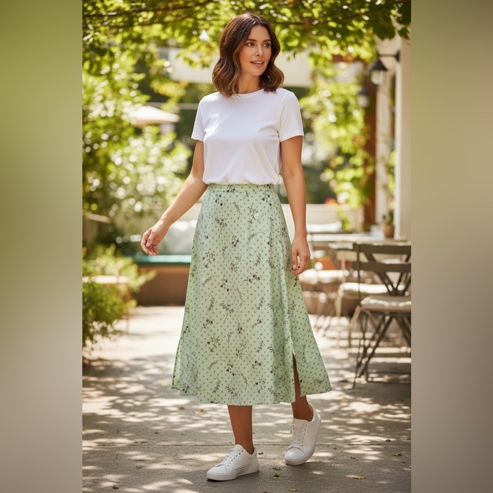 Vtg Bentley Plus 18 Floral Polka Dot Midi Skirt Green Side Slits Cottagecore